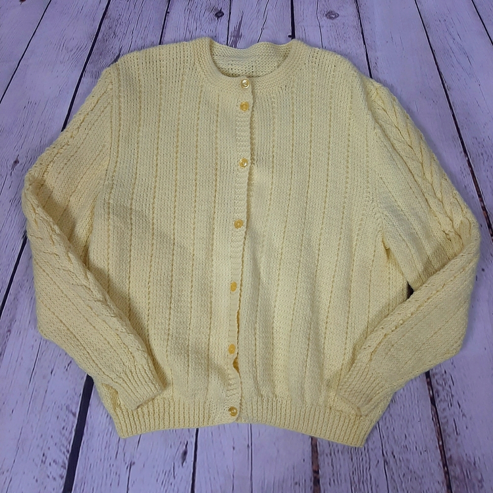 Hand Crafted Beautiful Yellow Button Front Cardigan Sweater M